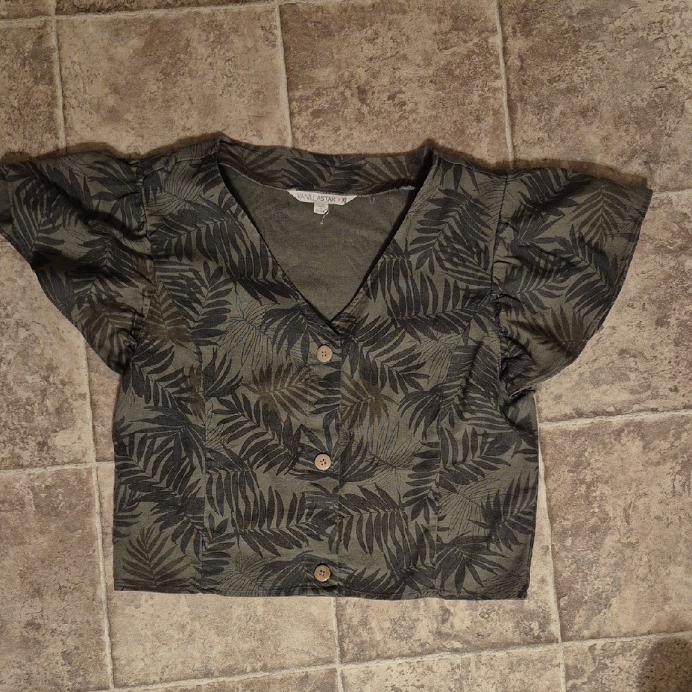 Vanilla Star Olive Palm Leaf Linen Flutter Sleeve Button-Up Top Size XL